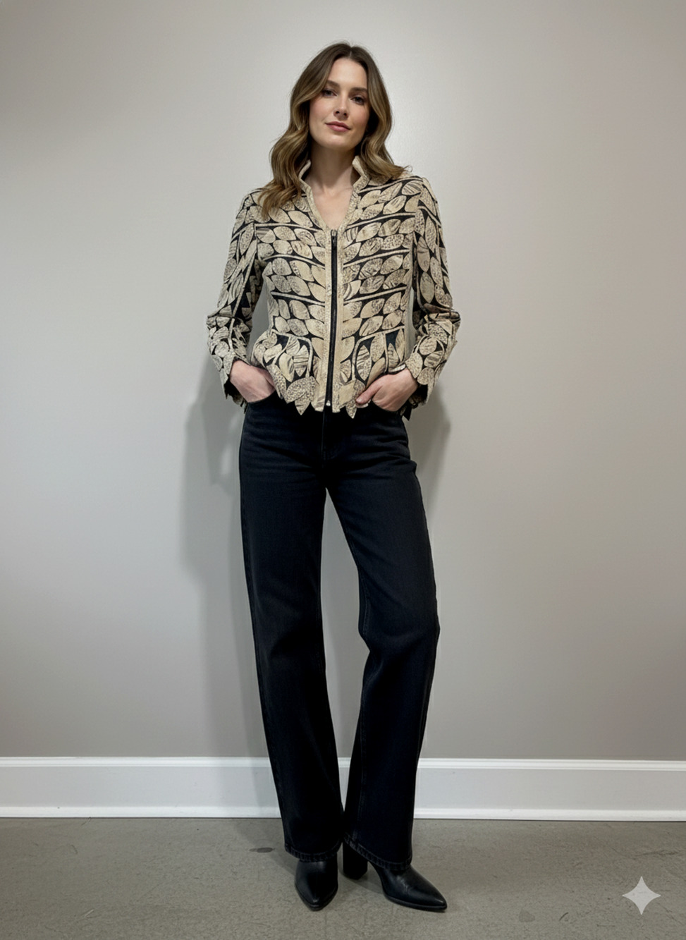 Statement animal print turkish leather jacket Sheer boho artsy textured Sz-38
